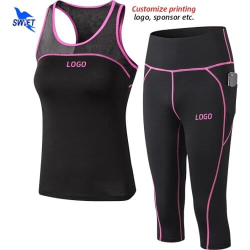 2020 Summer Breathable GYM Yoga Set Stretch Fitness Sport Suit Tank Tops+Capri Pants 2Pcs Running Tracksuit Customize Clothing