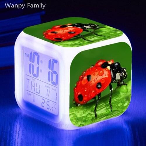 Very cute Ladybug LED Alarm Clock 7 color Change glowing Large screen multifunction digital alarm clock for kids birthday gift