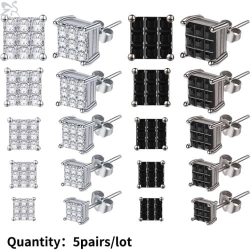 5pairs/Lot 4-8mm Zirconia Studs Earring Set Black Silver Plated Square Ear Studs for Women Men Chic Ear Helix Cartilage Piercing