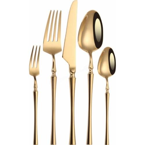 Mirror Tableware Stainless Steel Cutlery Set Gold Fork Spoon Knife Dinner Set Cutlery Gold Dinnerware Set 5Pcs Western Flatware