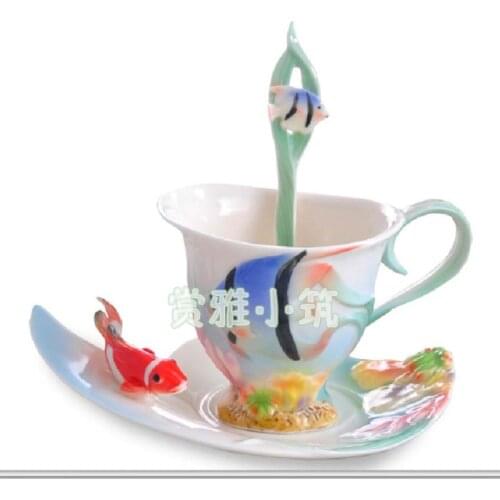 New Ocean Striped Fish Coffee Cups with Spoon Milk Breakfast Cup with Saucer 3D Bone China Ceramic Drinkware Best Lovers Gift