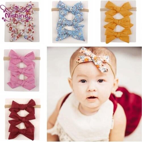 Nishine 3pcs/lot Cotton Bows Girl Headband with 1 Pairs Bowknot Hair Clips Printing Flower Child Headwear Christmas Gift for Kid