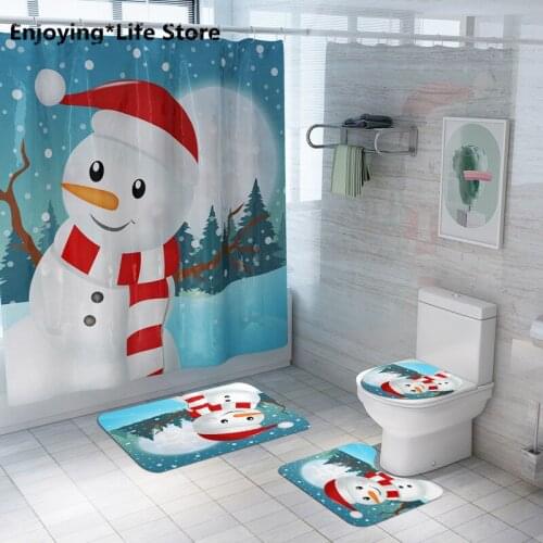 Christmas Snowman Printed Shower Curtain Toilet Mat Carpet Set Bathroom Decoration Anti Slip Mat Bathroom Set Rug