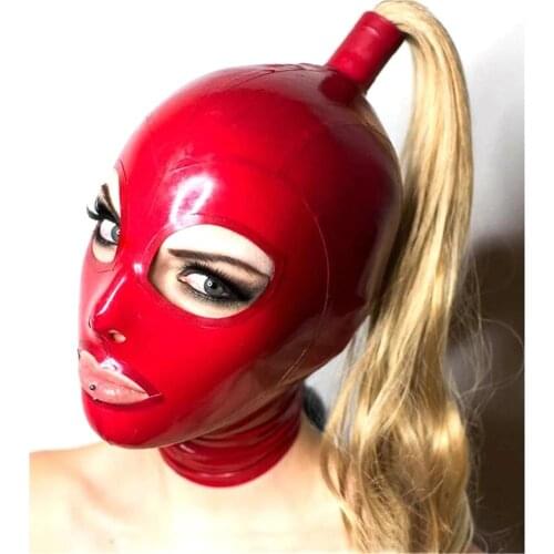Sexy exotic lingerie handmade red latex hoods with blond wig tress ponytail cekc club wear fetish costumes costomize size XS-XXL