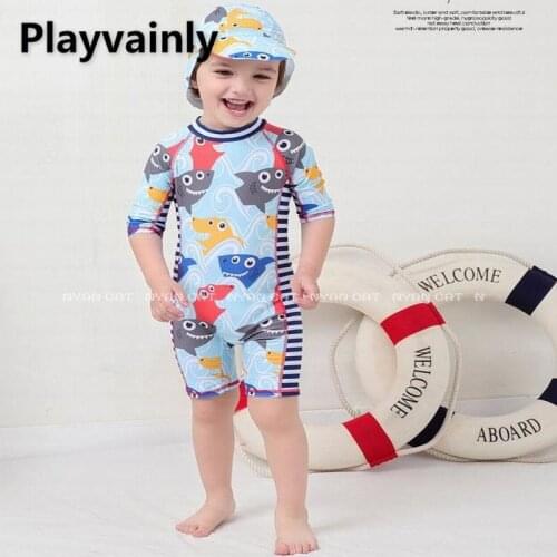 Wholesale Baby Boys Swimming Wear blue Shark printing Caroon One Piece Swimsuits with Hat Children Fashion Swimwear E71198