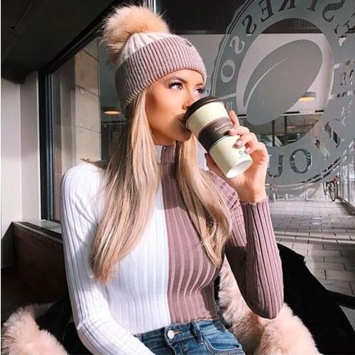 Knitted Pullovers Women Sweaters 2020 New Elegant Turtleneck Chic Pullover Contrast Color Knitted Sweater Femme Female Top