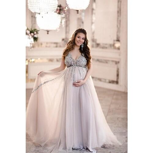 Beading Sequin Maternity Prom Dresses 2019 A Line Tulle Skirt Sleeveless Pregnant Women Evening Party Gowns