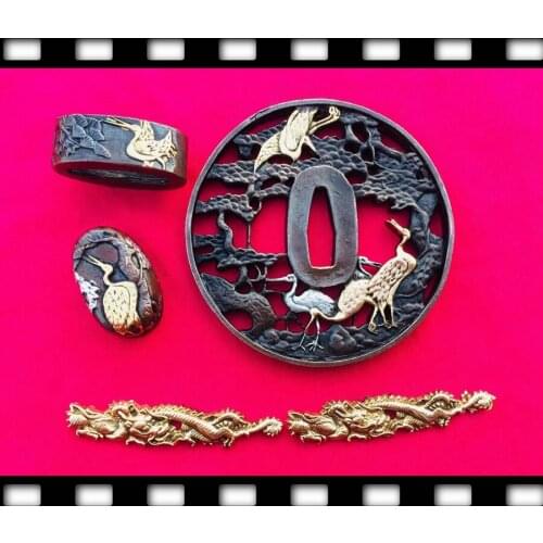 HIGH QUALITY CRANE THEME JAPANESE SAMURAI SWORD GUARD HANDMADE BRASS KATANA DIY SET FITTINGS-TSUBA+FUCHI+KASHIRA+MENUKI