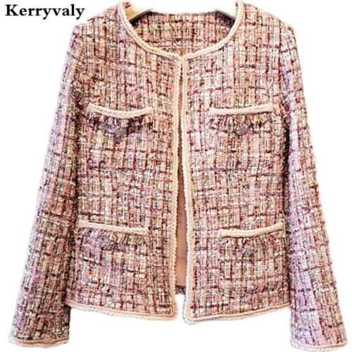 French Luxury Graceful Tweed Cropped Jacket Women Long Sleeve Boutique Flower Pink Plaid Autumn Coat Chamarras De Mujer K10020