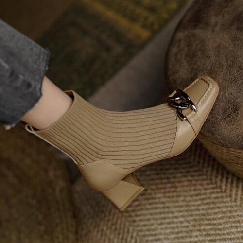 2021 Winter Women heels Square Toe Women Boots Ankle Boots Fashion Stretch Boots Zapatos de mujer 5m heels Pumps Genuine Leather