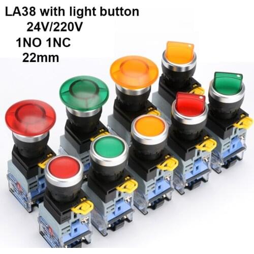 1Pcs 22mm 4 Screw with light button Flat round Panel Cutout LA38-11 LA38-11BN ON-OFF Momentary/Self locking Push button switch