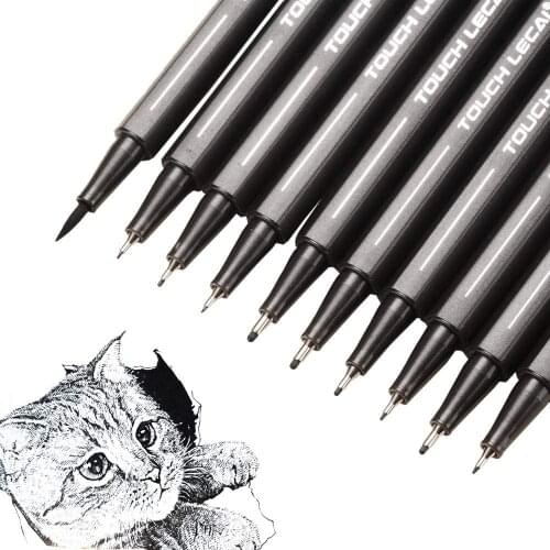 10Pcs/set Pigment Liner Pigma Micron Ink Marker Pen 0.05 0.1 0.2 0.3 0.4 0.5 Brush Tip Different Black Fineliner Sketching Pens
