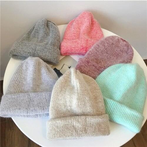 2021 Angora rabbit hair hat new simple Rabbit fur Beanie Hat for Women Winter Skullies Warm wool Cap Gorros Female Cap