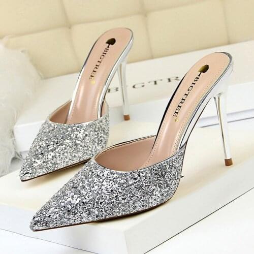 2021 Women shoes metal heel high heel shallow mouth pointed Sequin Baotou slippers womens sandals