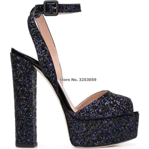 ALMUDENA Bling Bling Sequind Platform Sandals Chunky Heels Buckle Strap Dress Shoes Multi-color Glittering Wedding Shoes Pumps