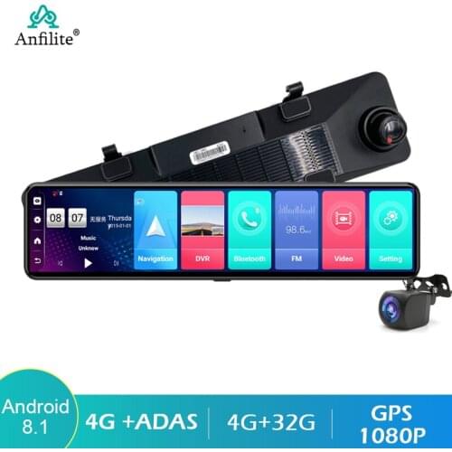 Anfilite 4G 12 Inch Android 8.1 Car Video Recorder Rearview Mirror 1080P ADAS GPS Navigation WiFi Parking Monitor Dash Camera