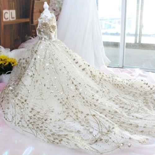 Free Shipping Handmade Luxury Dog Clothes Wedding Gown Trailing Princess Dress Gold Sequin Evening Party Skirt