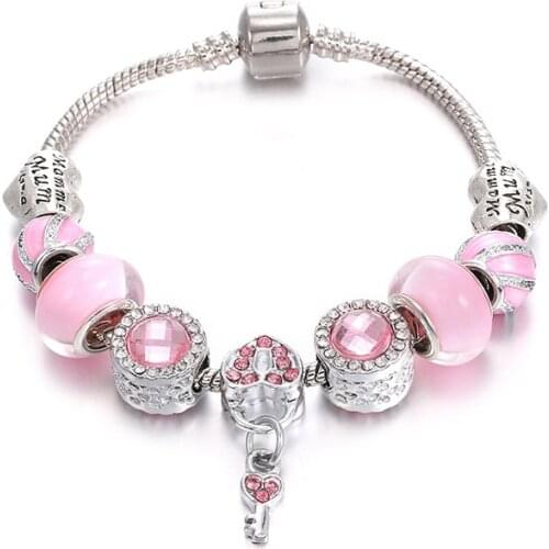 Pandora New DIY Bracelet Woman Pink Series Love Key Pendant Pink Spiral Fitting Glass Beaded Jewelry
