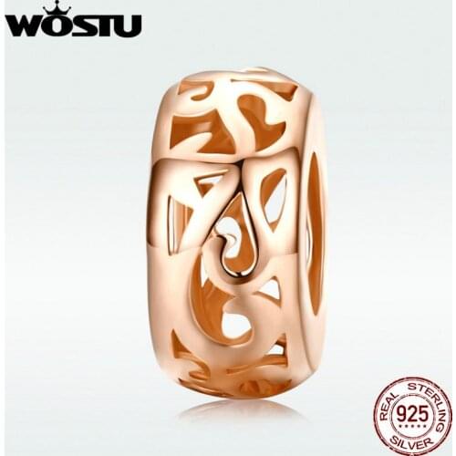WOSTU 925 Sterling Silver Grass Pattern Spacer Charms Rose Gold Beads Fit Original Bracelets Pendant Fashion Jewelry BKC716-C