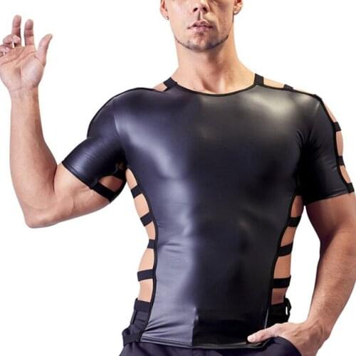 Black Sexy Mens Soft Faux Leather Shirt Tops Cut Out Wet Look Short Sleeve O Neck Tee Harajuku Fetish Tshirt Gothic Fitness Tps