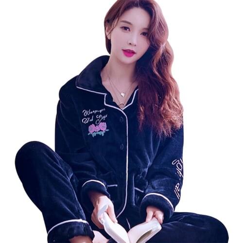 H5859 Autumn Winter Women Pajamas Suit Thickened Flannel Long Sleeve Sleepwear Female Coral Fleece Comfortable Warm Nightwear