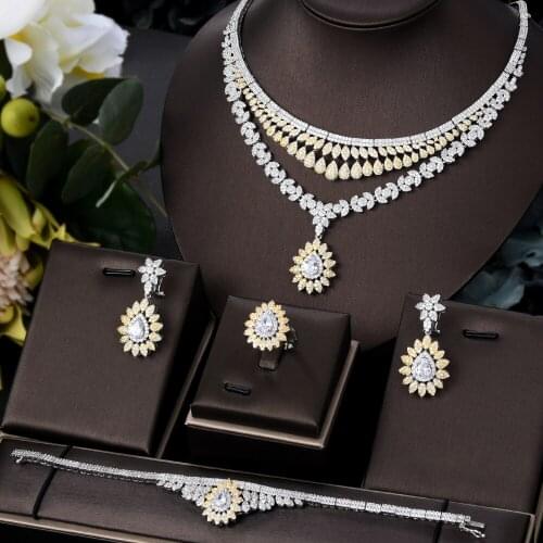 KellyBola Jewelry 2021 Luxury Zircon Necklace Bracelet Earring Ring Set High Quality Ladies Banquet Fashion Accessories Jewelry