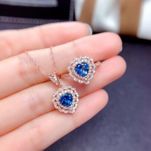 Luxury Rose Gold Jewelry Delicate Heart Pendant Necklace Blue AAA Cubic Zircon Fashion Eternity Wedding Ring Statement Gift