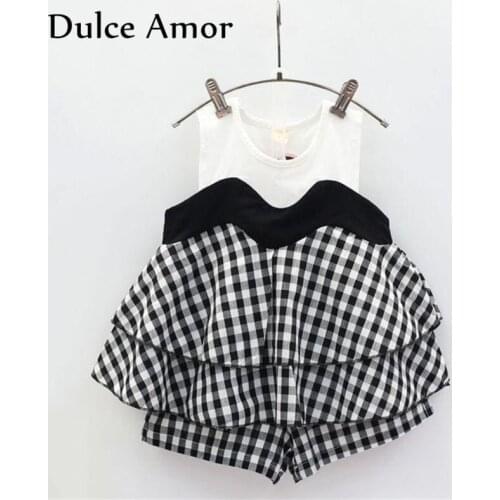 Dulce Amor Girls Clothes Set Summer Kids Ruffles Sleeveless Tops+Plaid Shorts 2PCS Children Casual Suit For 3-7Y Drop Shipping