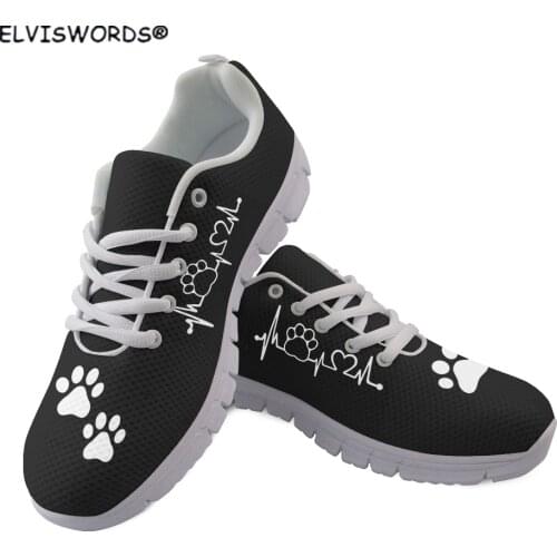 ELVISWORDS Sneakers Cute Pets Dogs Footprints Women Shoes Paw Heart Love Heartbeat 3D Print Spring Comfortable Mesh Ladies Shoes