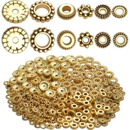 300pcs Alloy Round Spacer Beads Antique Golden Loose Rondelle Beads DIY Accessories for Bracelet Necklace Jewelry Making,6 Sizes
