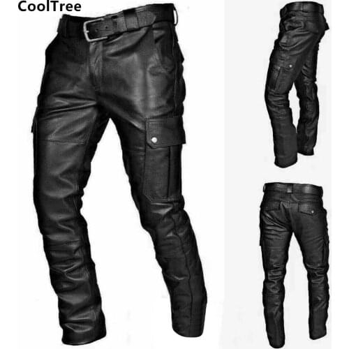 CoolTree Men Leather Pants Spring Autumn Multi-pocket Black Casual PU Trousers Male Retro Punk Goth Slim Fit Leather Pants