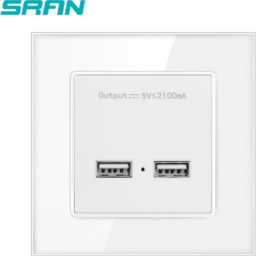 SRAN wall power socket dual USB Smart Induction Charging Port For Mobile 5V 2.1A Output Crystal tempered Glass Panel