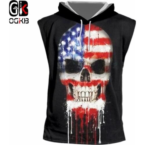 OGKB Gyms Clothing Men Tank Top With Hooded Print American Flag Skull 3d Hooded Tank Tops Workout Singlet Sleeveless Shirt 7xl