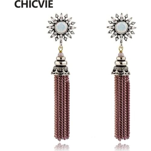CHICVIE Trendy Pink Tassels Hanging Dangle Drop Earrings for Women Elegant Crystal Beads Ear Fashion Jewelry Gifts SER160120