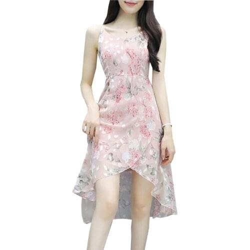 Chiffon Sling Floral Dress Female 2021 Summer New Style Ruffled Temperament Fashion Dresses V-Neck Irregular Summer Female Dress