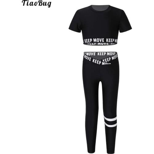 TiaoBug 2Pcs Kids Girls Yoga Sportswear Round Neck Short Sleeve Letters Print Cropped Top High Waist Elastic Waistband Pants Set