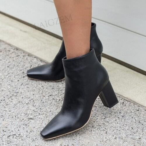 LAIGZEM Women Ankle Boots Side Zip Up 7.5CM Thick High Heels Boots Faux Leather Black White Shoes Woman Shoes Big Size 41 43 47