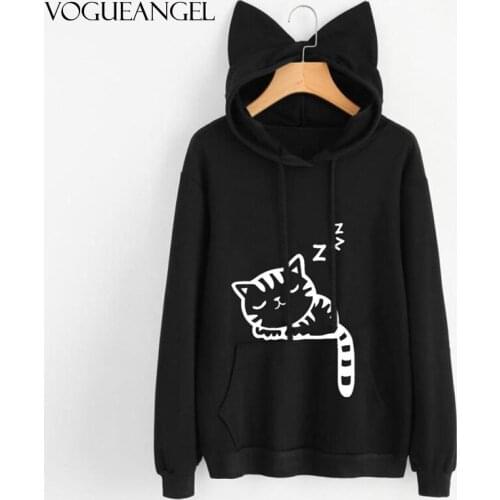 Women Pullover Hoodies Sweatshirts Autumn Winter Cat Printed Long Sleeve Streetwear Girl Korean Harajuku Pocket Oversized Hoodie