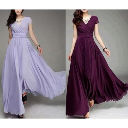 Fedex 50pcs Wedding Party Gowns Plus Size 5XL Ladies Long Dresses Womens Long Elegant V-neck Short Sleeve A-line Chiffon Forma