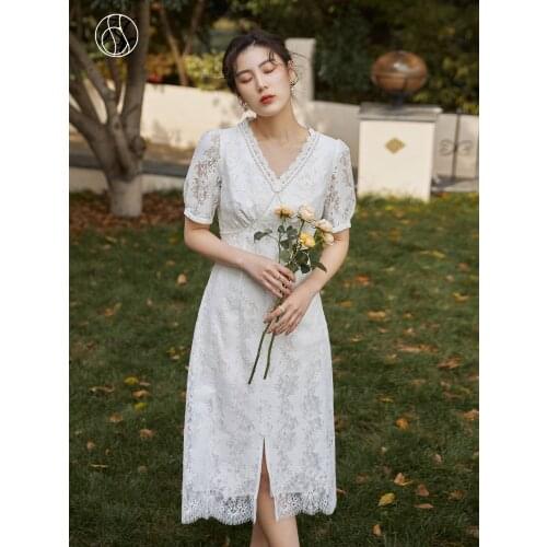 DUSHU Office Lady Womens Retro Temperament White First Love Fairy Dress 2021 Women Summer New French Lace Dress