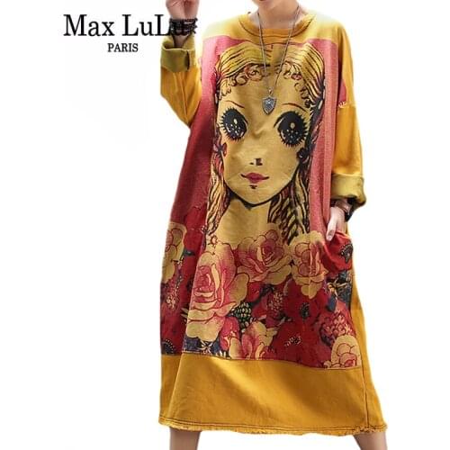 Max LuLu Japan Style 2021 Womens Casual Cotton Yellow Long Dress Printed Loose Vestidos Ladies Vintage Dresses O-Neck Clothes