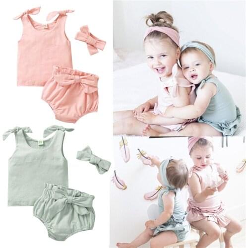 0-3Years Newborn Baby Girls Clothes Set Summer Children Girls Solid Color Sleeveless Vest +Shorts+ Headband 3PCS Casual Outfits