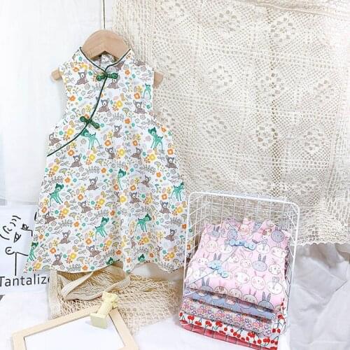 2021 summer dress Chinese style cheongsam toddler clothing fashion sleeveless print 3-7 years old retro casual dresses