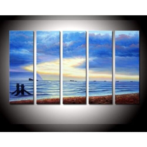 5 Piece Hand Painted Modern Abstract Blue Sunset Sea Canvas Oil Painting Wall Art Cuadros Pictures for Living Room Home Decor