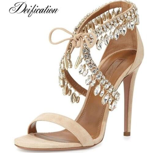 Deification Handmade Strappy Ladies Designer Shoes Women Lace Up Fashion Zapatos Mujer High Heels Rhinestone Gladiator Sandals