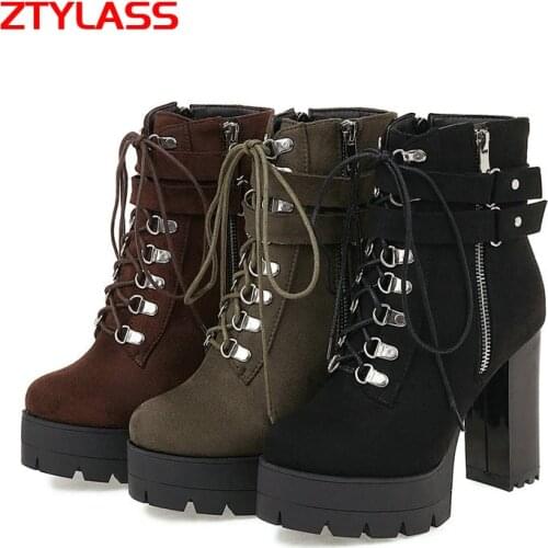 Fashion Cross Tied Zipper Platform Shoes Women Faux Suede Square High Heel Ankle Boots Autumn Winter Square Toe Short Boots