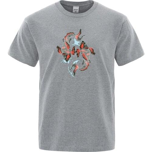 Japanese Style Two Totem Koi Printed Mens T-Shirt Vogue S-Xxxl Tshirts Fashion O-Neck Tee Shirt Streetwear Simple Tshirt Mans