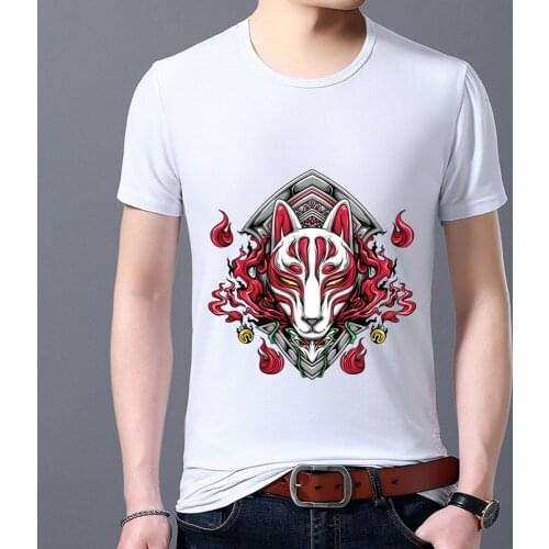 Mens Street T-shirt White Wild Basic Short Sleeve Top Japanese Manga Firefox Mask Pattern Series Mens T-shirt O-neck Clothes