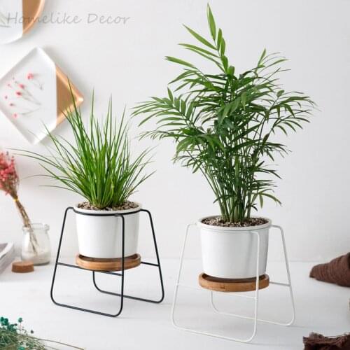 Modern Ceramic Flower Pot White Black Succulent Plants Pot with Bamboo Stand Iron Metal Planter Bonsai Home Garden Decor