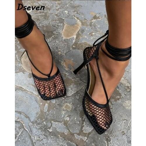 Summer New Mesh Cross Lace-up Stiletto High Heel Women Sandals Fashion Hollow Black Lace Square Toe Ladies Sandals Shoes